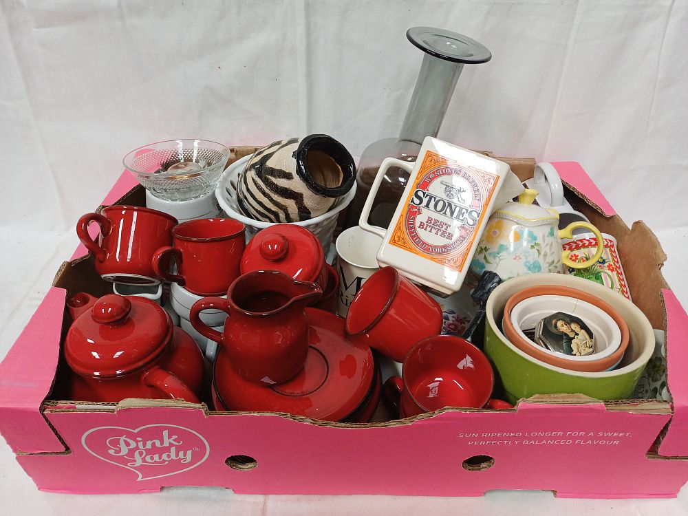Lot 453: An Assortment of Red Earthenware Tableware and Regional Advertising Ceramics?