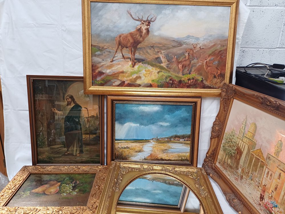 Lot 466: A Group of Oil Paintings and a Gilt-Framed Mirror (Signed)