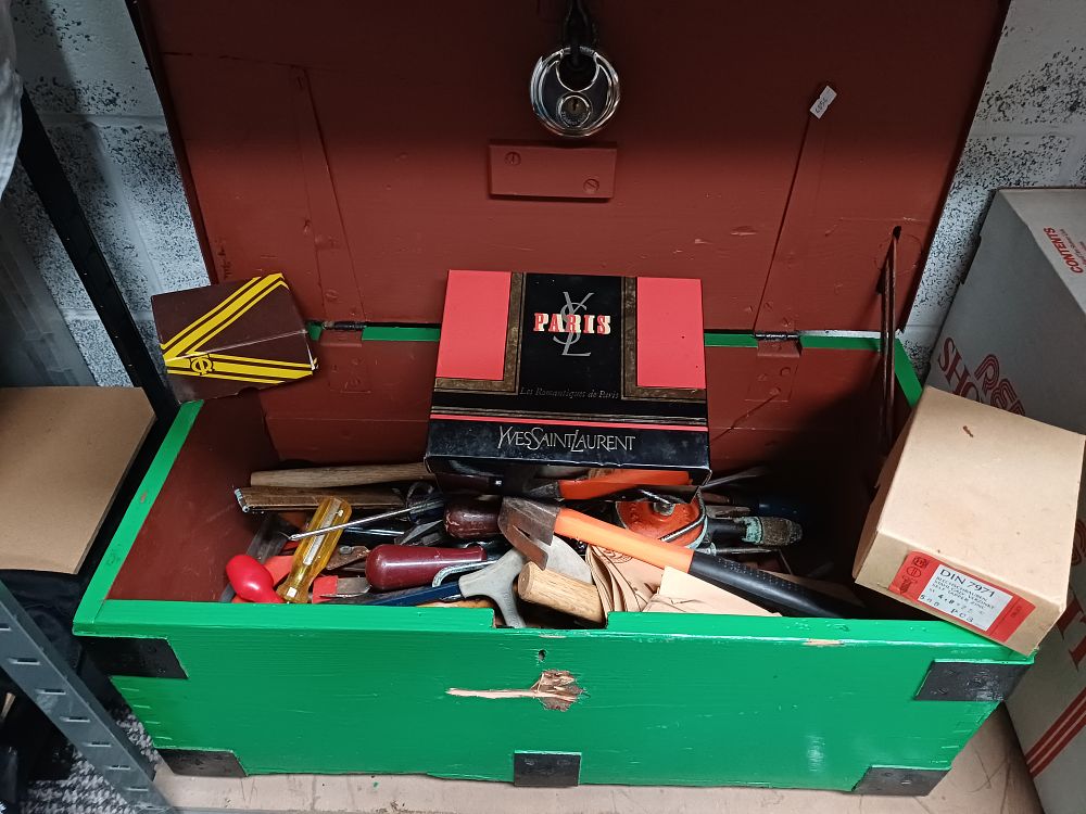 Lot 482: Green Painted Wooden Tool Chest and Assortment of Hand Tools