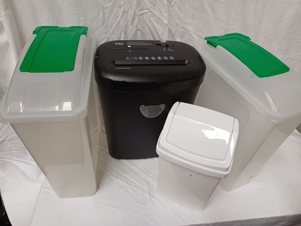 Lot 491: Pro Action 12 Sheet Cross Cut Paper Shredder and Plastic Storage Assortment