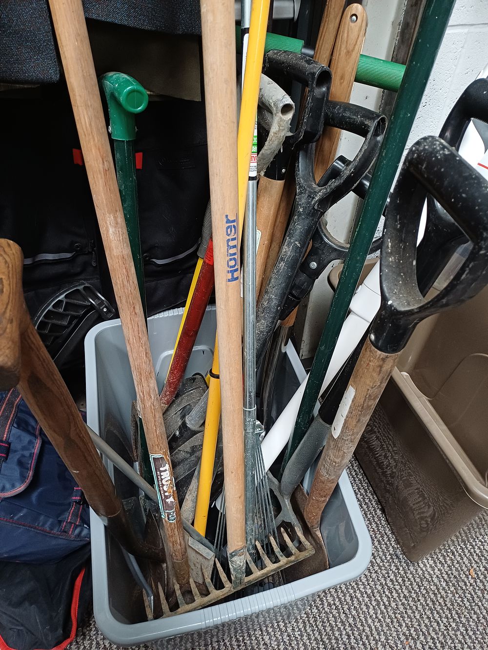Lot 499: Assortment of Steel and Wood Garden Tools and NEX Cordless Vacuum?