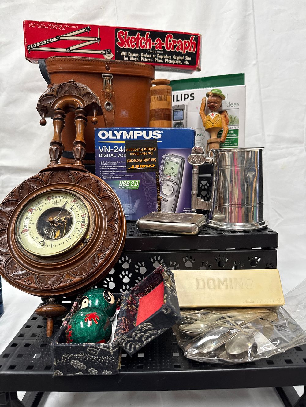 Lot 508: Carved Wood Barometer and a Collection of Vintage Scientific and Electronic Goods
