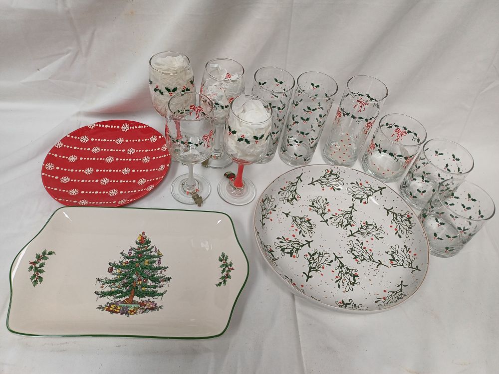 Lot 536: An Assortment of Seasonal Glassware and Ceramic Tableware including Spode Christmas Tree