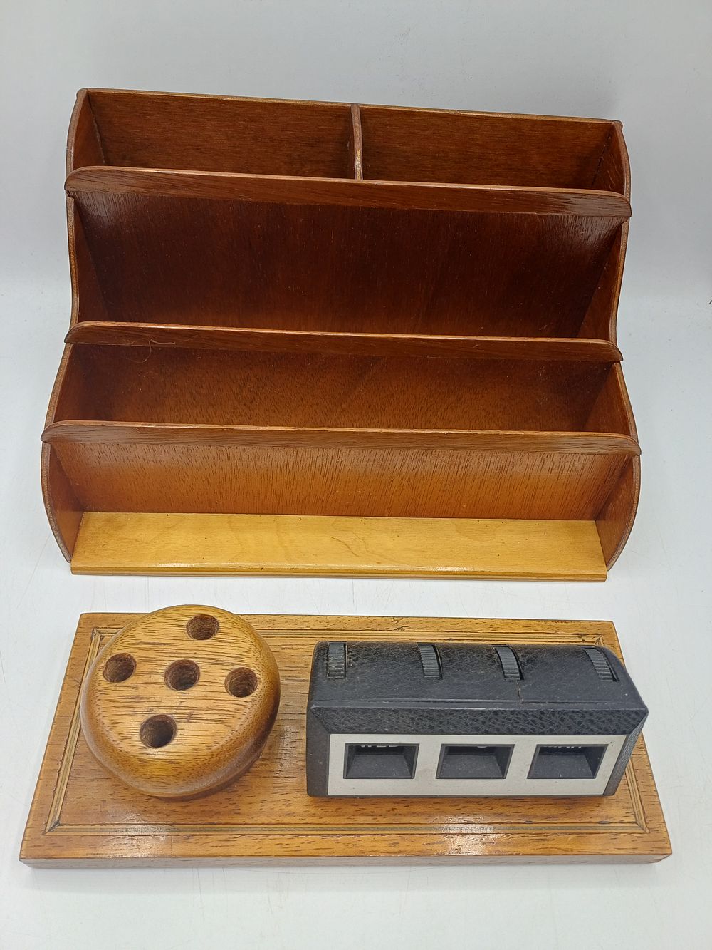 Lot 551: Two Mid-Century Teak? and Hardwood Desk Accessories