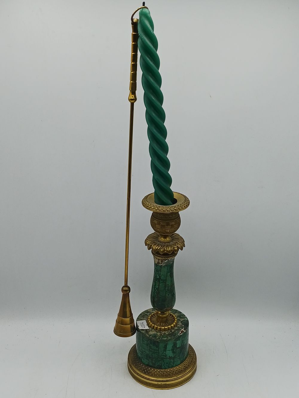 Lot 559: Empire Style Malachite? and Gilt-Metal Effect Candlestick with Integrated Snuffer, 25cm