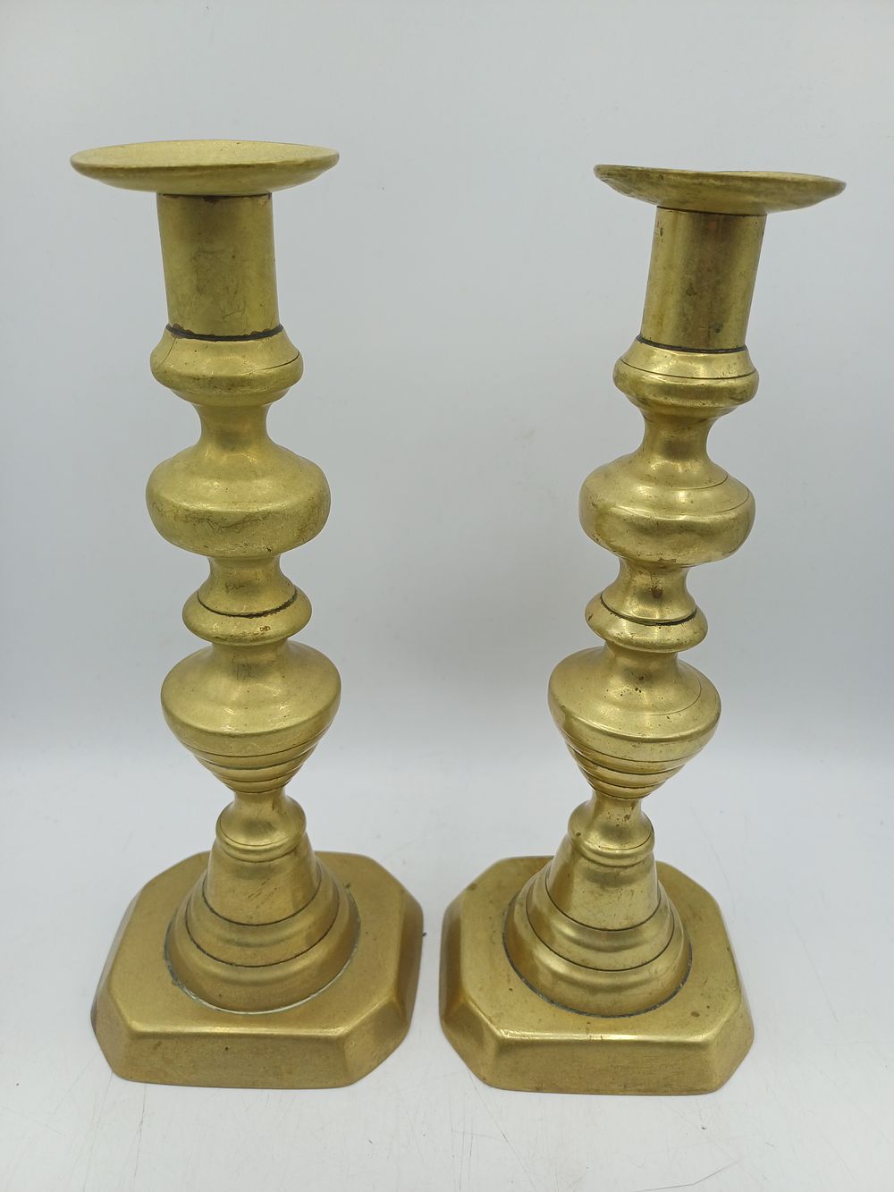 Lot 562: Pair of Queen Anne? Style Cast Brass Baluster Candlesticks, 25cm