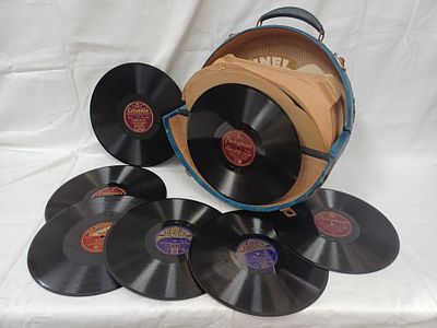 Winel Pebbled Blue Portable Gramophone Record Case and Collection of 78 RPM Shellac Records. A 