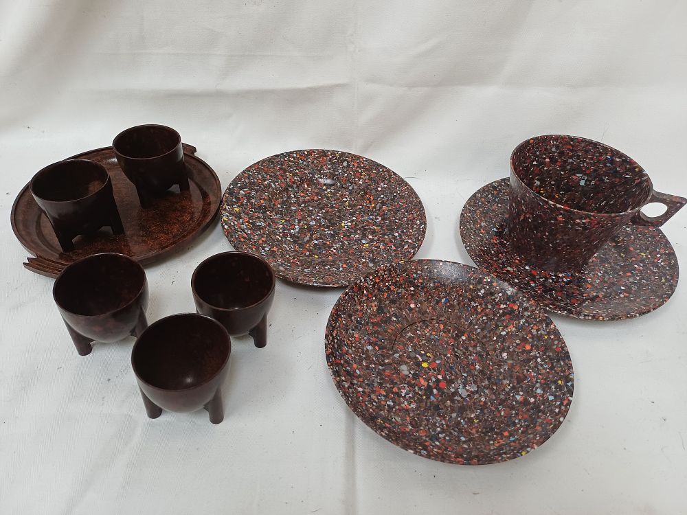 Lot 581: Mid-Century Confetti Effect Phenolic / Bakelite Resin? Tea and Egg Set