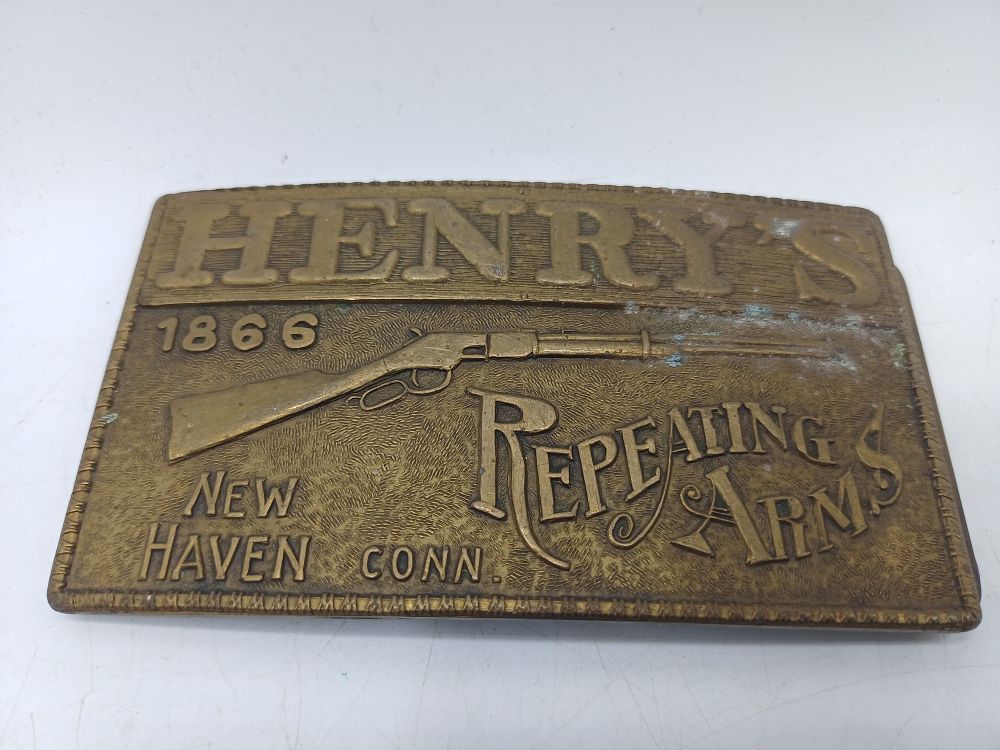 Lot 582: Henry's Repeating Arms Brass? Commemorative Belt Buckle, New Haven, Conn.