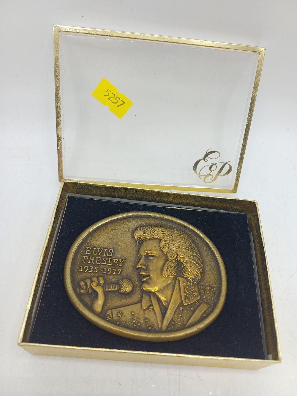 Lot 584: Official Elvis Presley First Edition Bronzed Commemorative Memorial Belt Buckle by Arnold Bergier, 1977