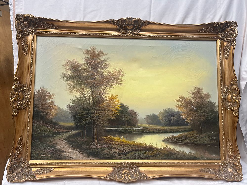 Lot 600: Martin Landscape Oil on Stretched Canvas, Gilt-Composition Effect Frame, 42 x 30"