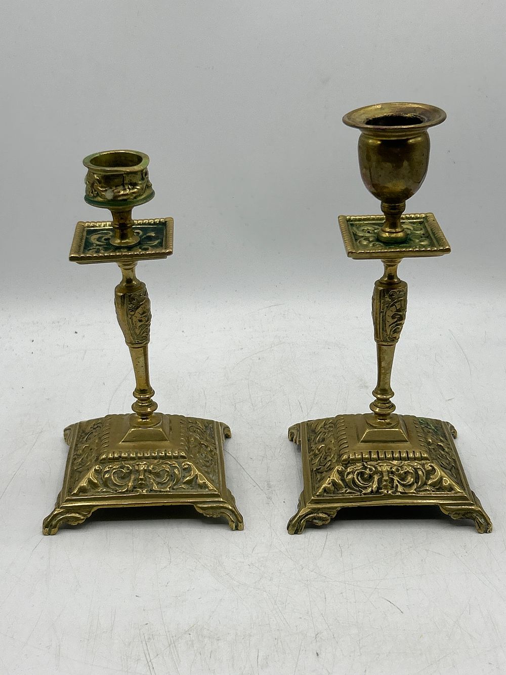 Lot 711: A Pair of Brass? / Gilt Metal Effect? Baroque Revival Style Candlesticks, 7.5"