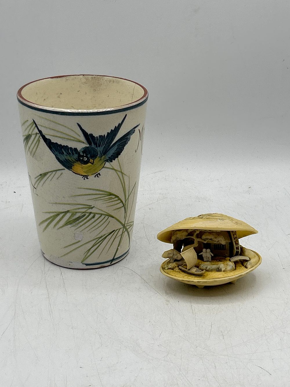 Lot 714: Meiji Period? Carved Shell Diorama and Commemorative Earthenware Beaker, 1922