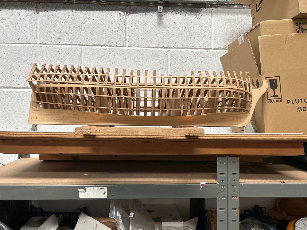 Lot 715: Scratch-Built Mahogany? Plank-On-Frame Model Ship Hull, 42"