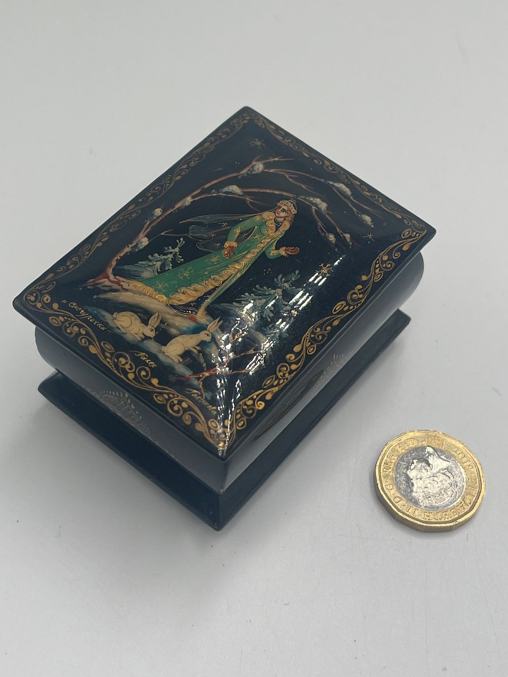Lot 725: Soviet? Palekh Papier-mache Lacquer Box Depicting Snegurochka