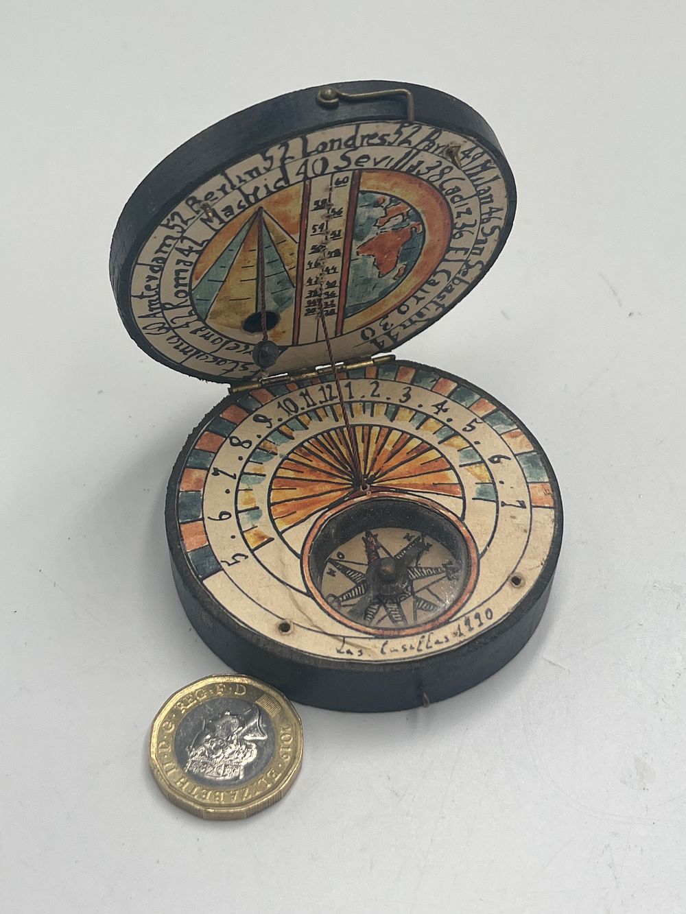 Lot 730: A Spanish? Stained Wood Folding Diptych Sundial with Compass, Las Casillas, 1770?