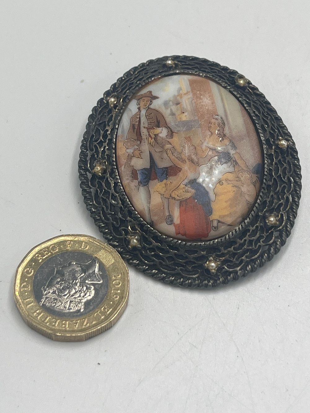 Lot 731: Vintage Filigree White Metal Brooch Pendant With Courting Couple Scene?