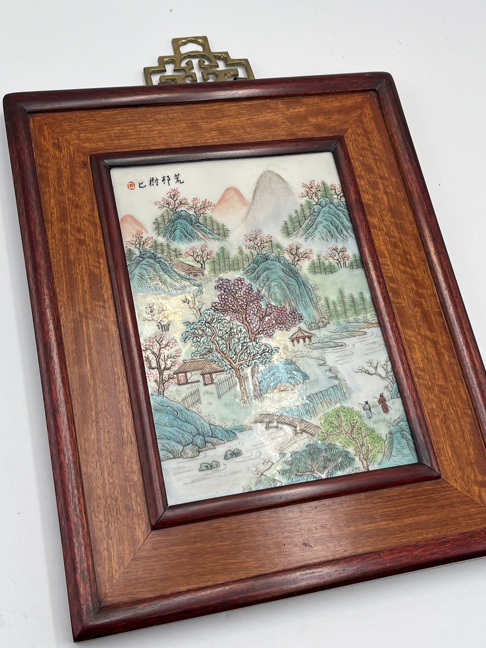 Lot 752: A Chinese Famille Rose Porcelain Landscape Plaque, Republic? Period, 11" x 9"