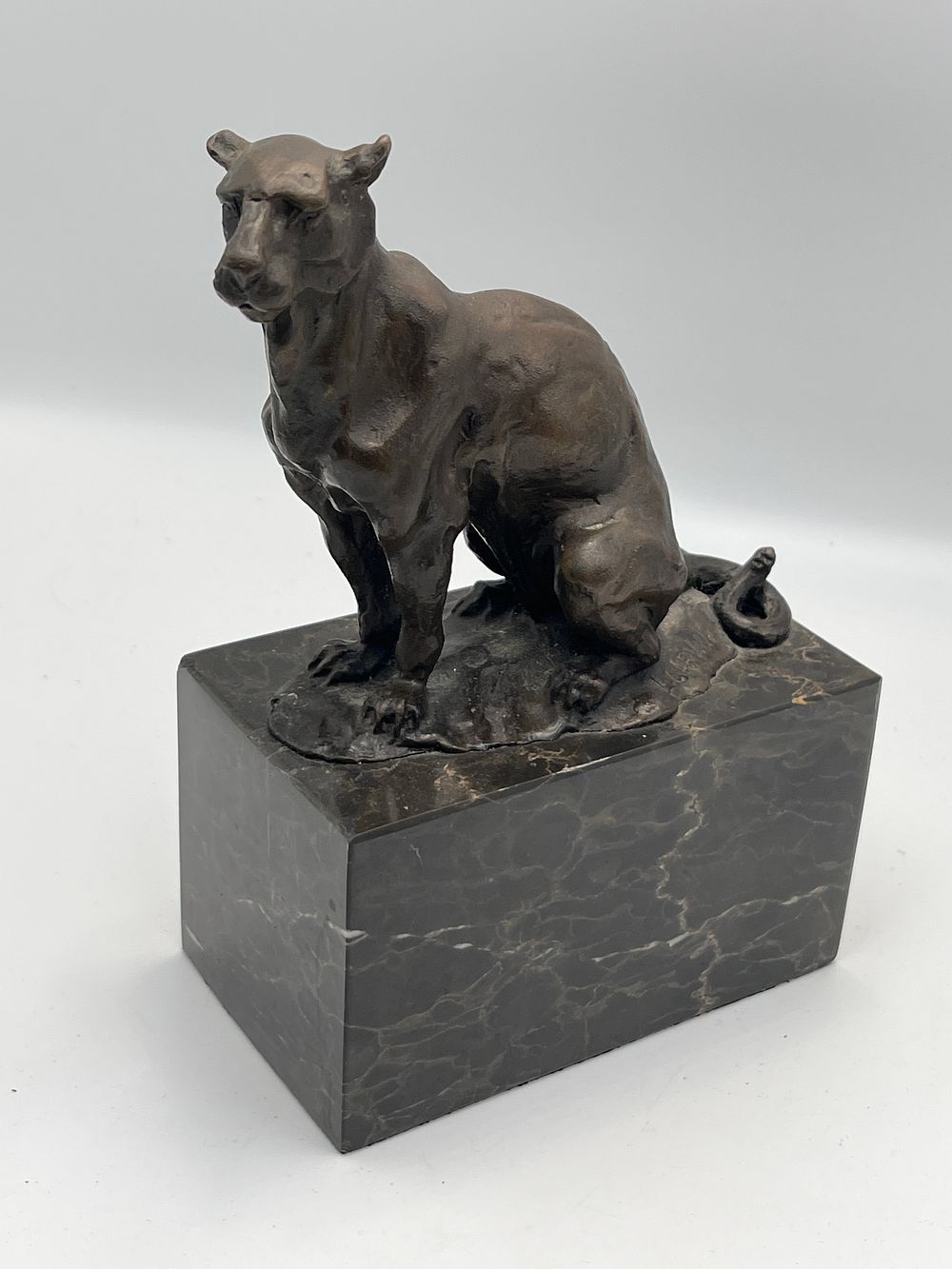Lot 758: H. A. R.? Crouching Panther Bronzed Figure on Marble Plinth, 7” x 5”