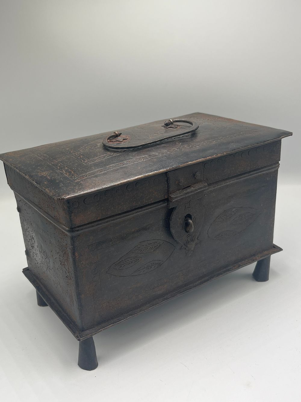 Lot 771: Indian? Wrought Iron Small Footed Chest, 8.5" x 6"