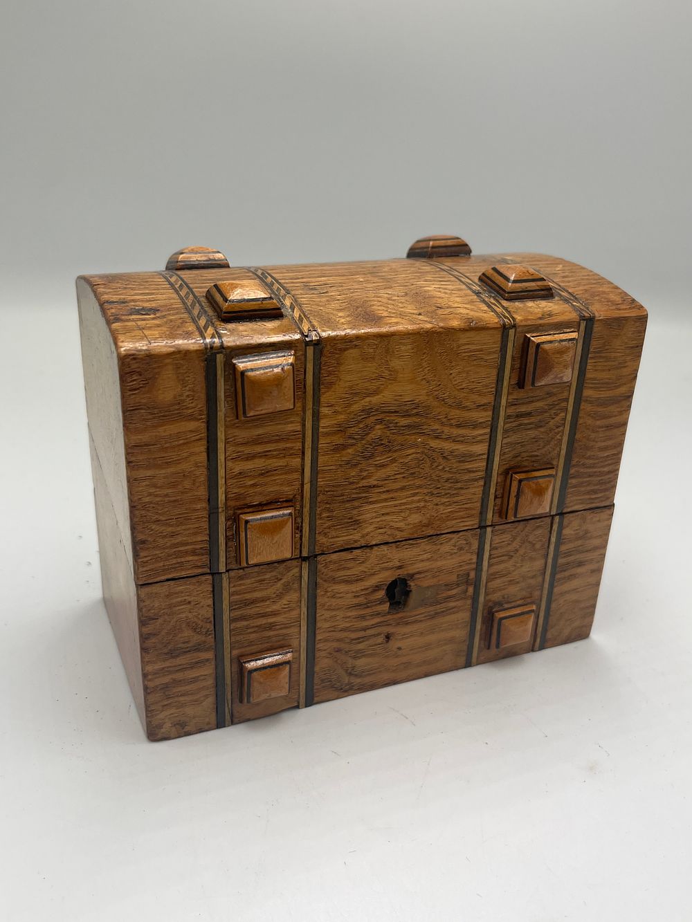 Lot 774: Victorian Oak? Three-Bottle Tantalus? With Square-Form Glass Decanters, 5” x 4”