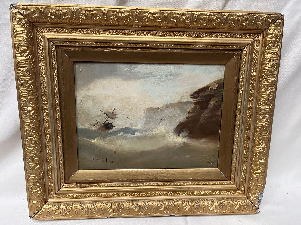 Lot 776: Edward King Redmore? Oil Painting On Wood Panel, Shipwreck Scene, 19 x 16"
