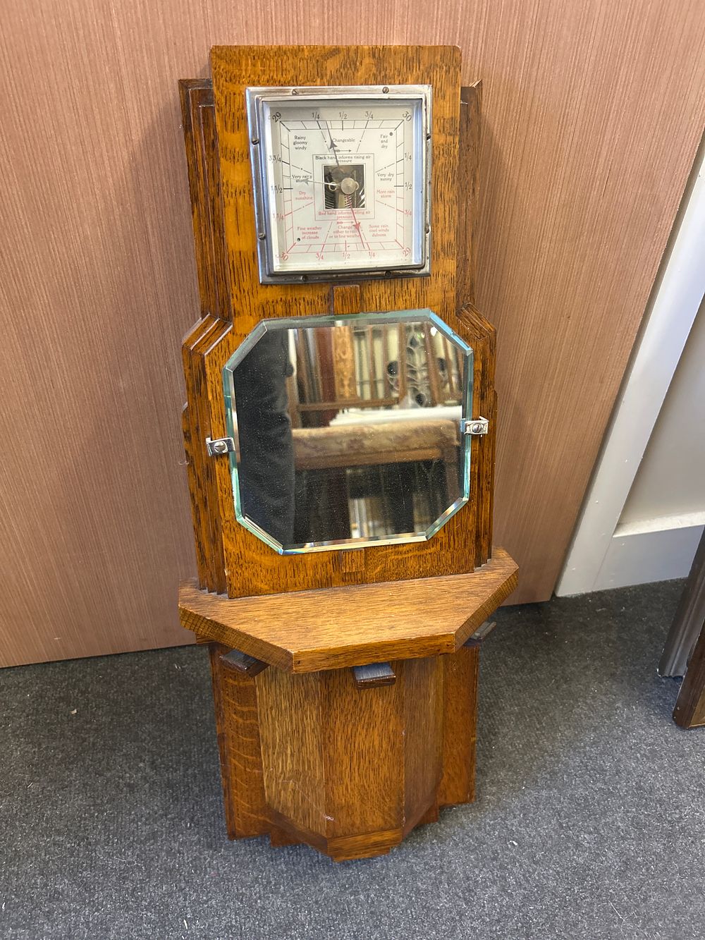 Lot 786: Art Deco Oak? Wall Barometer With Mirror and Pedestal Shelf, 25”
