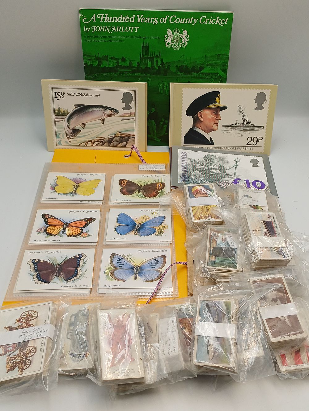 Lot 852: A Collection of Vintage British Cigarette Cards, Philatelic Souvenirs and High Value Definitive Stamp