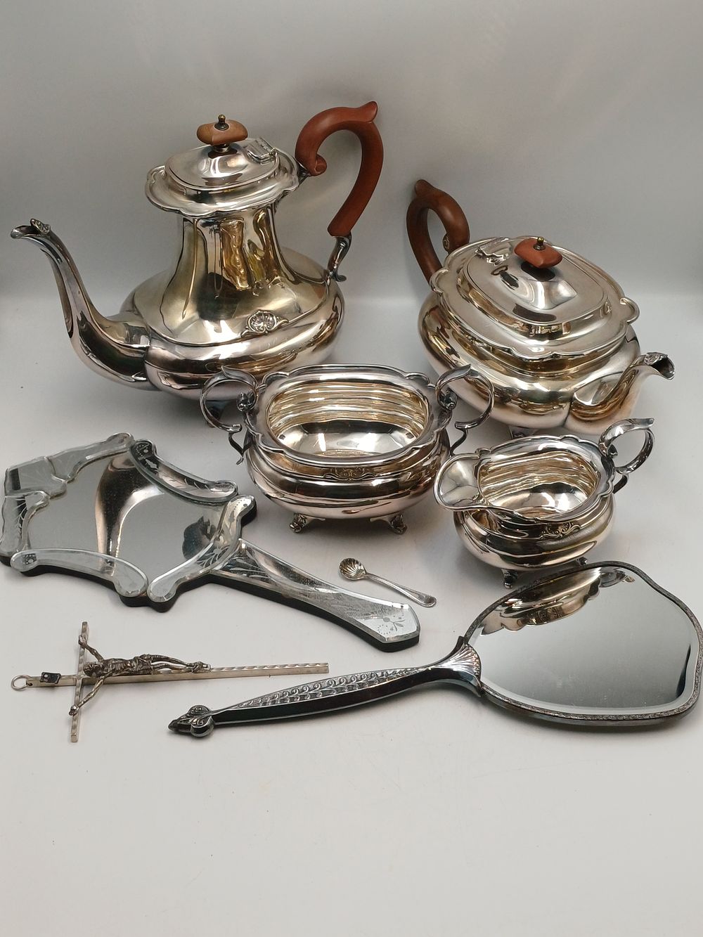 Lot 902: Queen Anne Style White Metal Tea and Coffee Service and Accessories