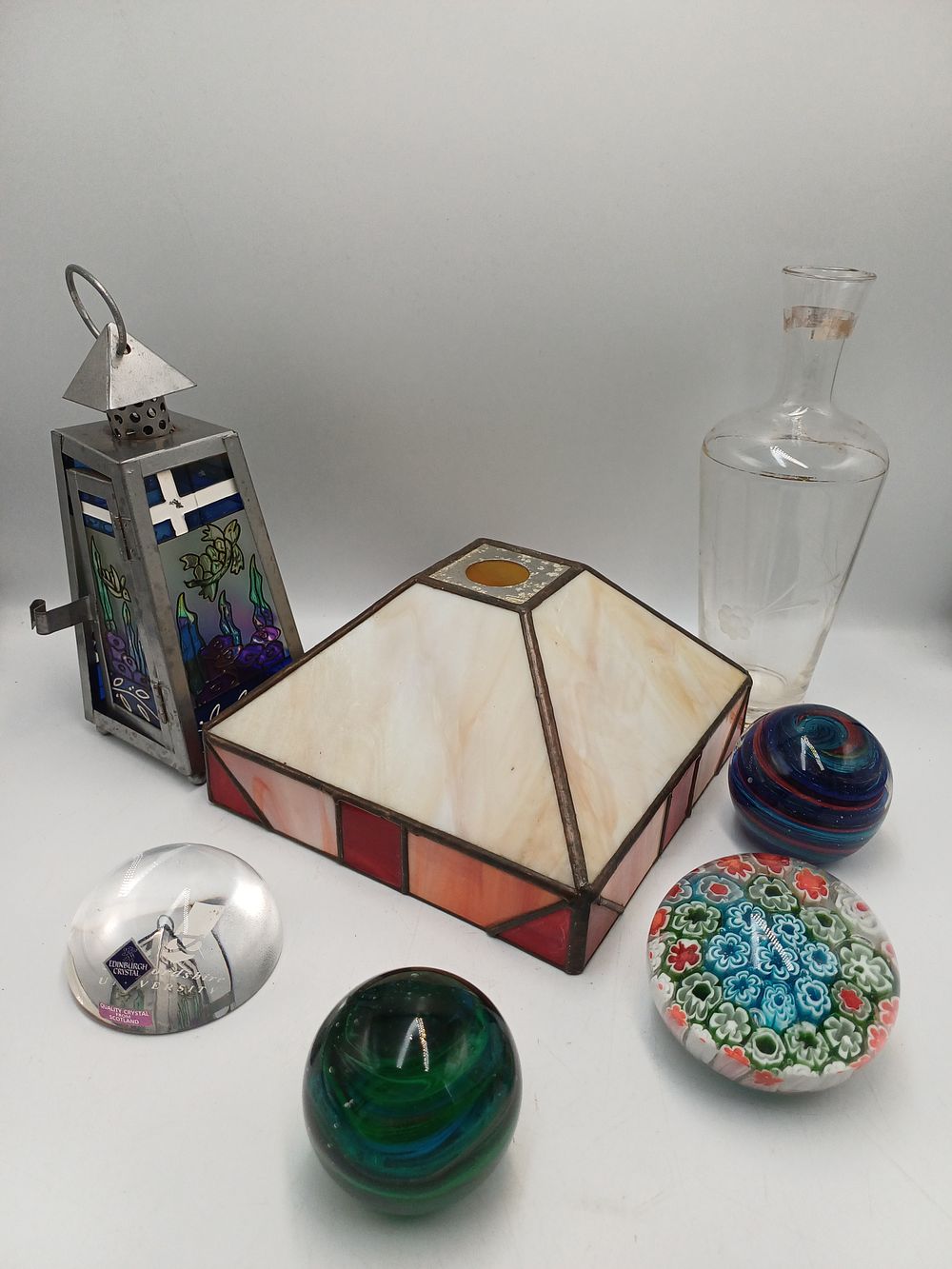 Lot 937: A Collection of Art Glass Paperweights, Lampshade and Edinburgh Crystal? Memento