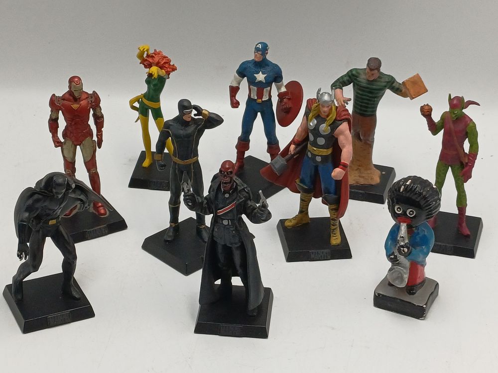 Lot 957: A Collection of Marvel? Painted Metal Miniature Figures and a Novelty Musician Figurine
