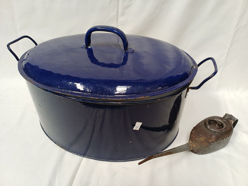 Lot 965: Vintage Vitreous Enamel Lidded Boiler and Primitive Metal Oiler, 50cm