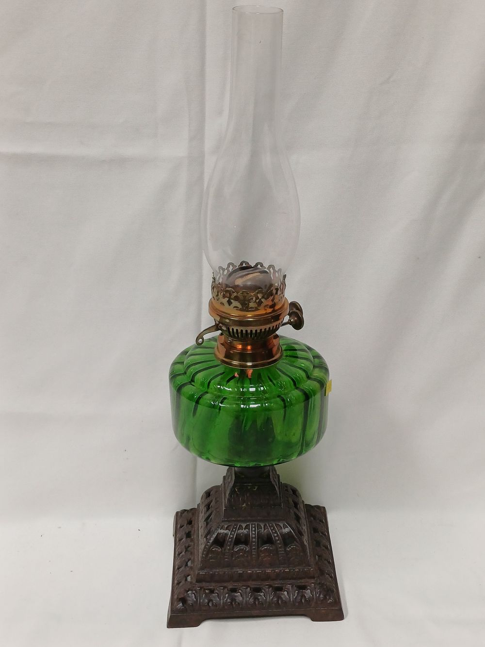 Lot 966: Late Victorian? Emerald Green Glass and Bronzed Metal Oil Lamp, British Made