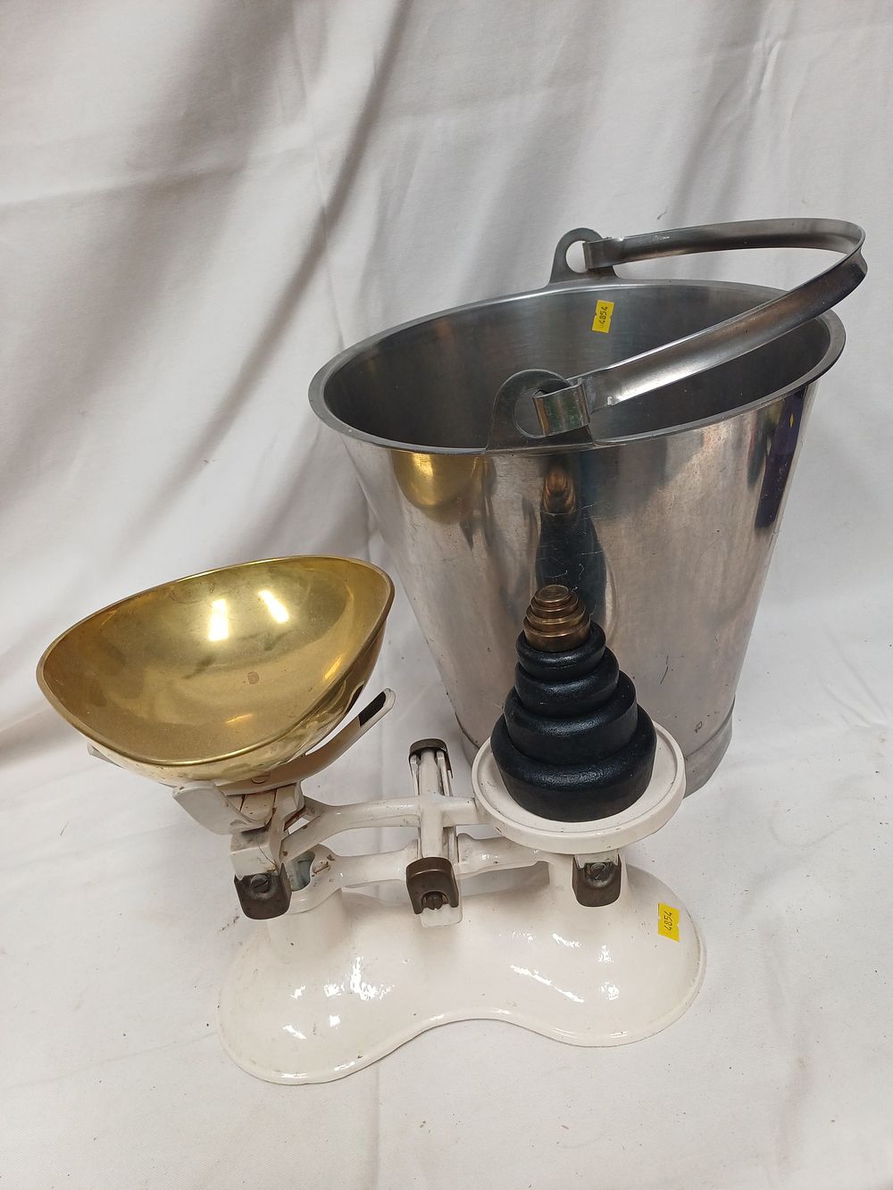 Lot 974: Vintage Cast-Iron? and Brass? Beam Scale with Weights and Large Stainless Steel Bucket