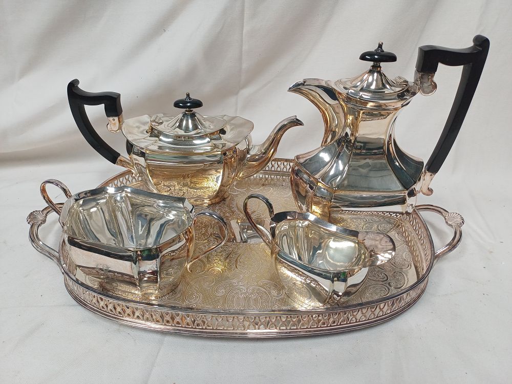 Lot 975: Art Deco Style White Metal Tea and Coffee Service on Twin Handled Tray