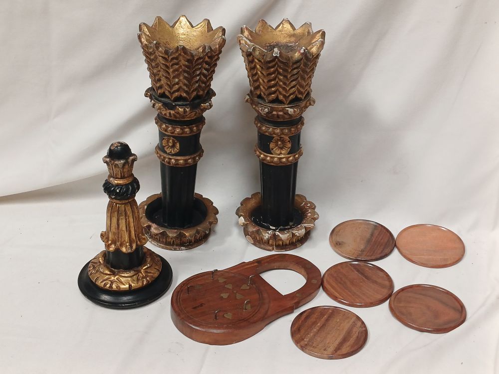 Lot 978: Gilt-Gesso and Black-Finish Neoclassical Style? Candle Holders and Pedestal with Coaster Set