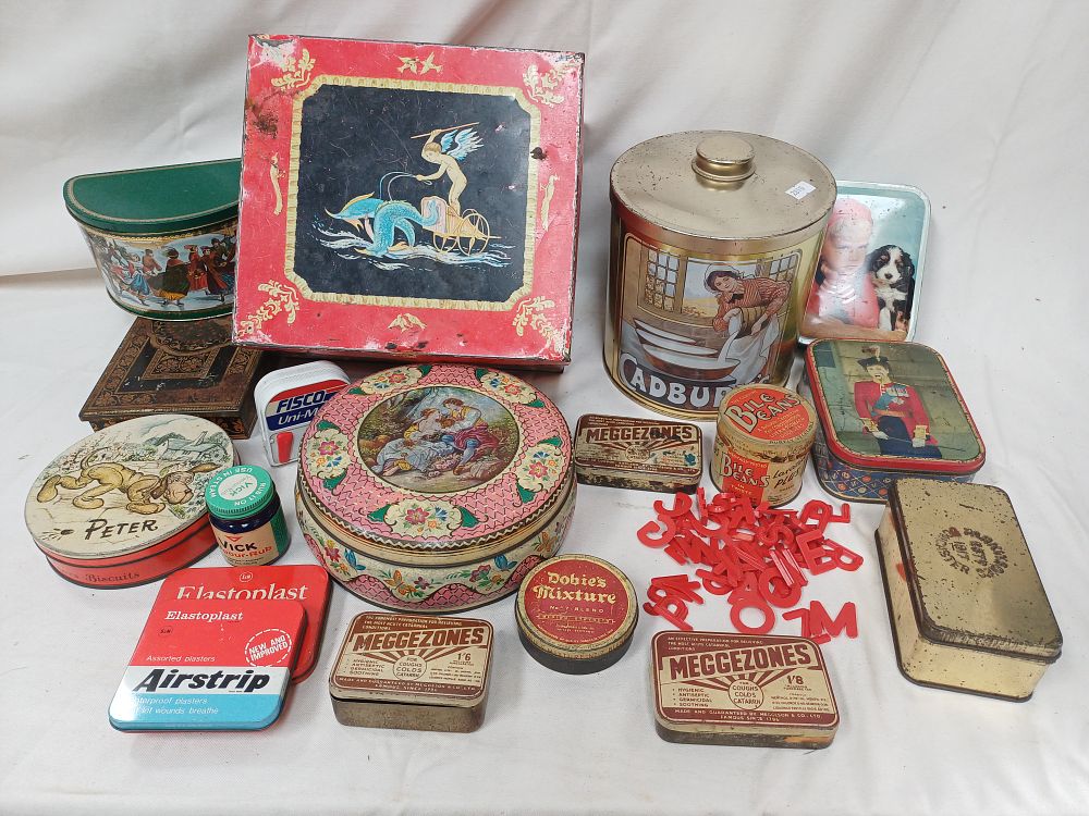 Lot 998: Collection of Advertising Tins Including Cadbury, Meggezones, and Parkinson's Doncaster