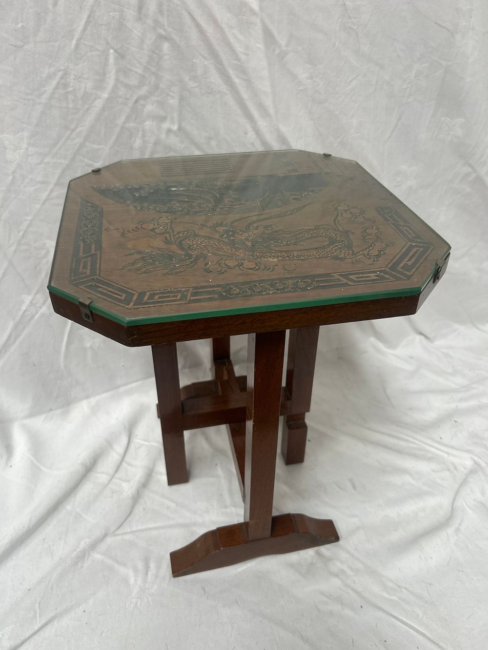 Lot 1007: Chinese Hardwood Octagonal Dragon Carved Folding Occasional Table, 20th Century?
