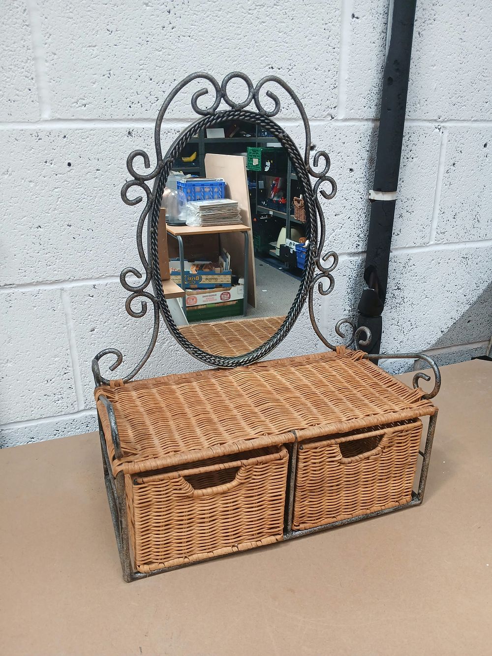 Lot 1008: Wrought Iron? and Wicker Vanity Unit with Oval Mirror