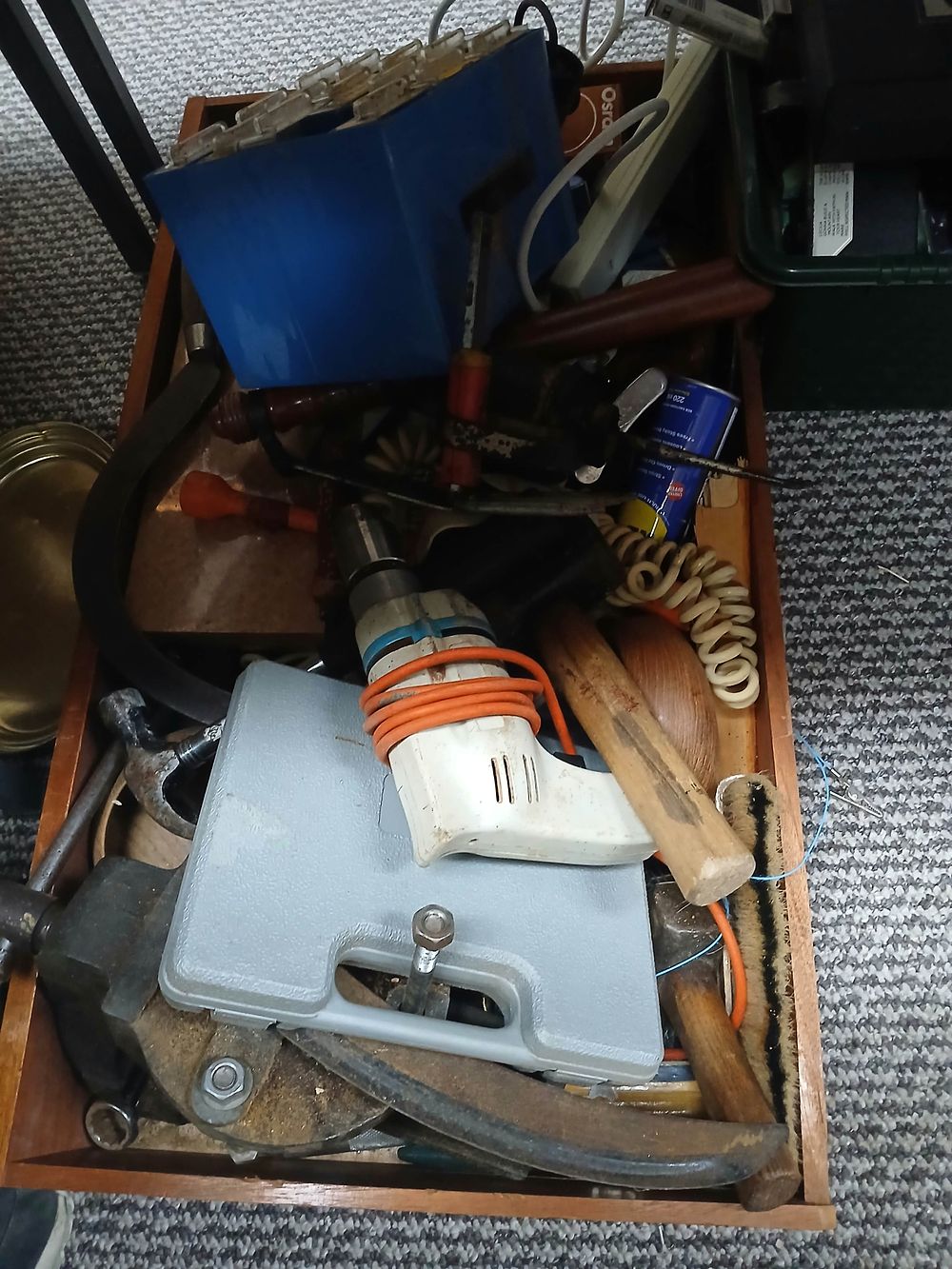 Lot 1014: A Group of Vintage Workshop Hand Tools, Power Drill, and Storage Containers