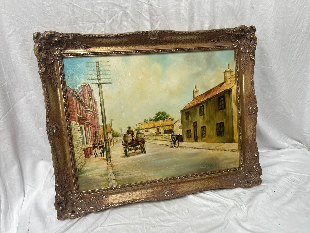 Lot 1019: Early 20th Century? Oil on Canvas Village Scene with Whitworths Wagon, 29 x 23"