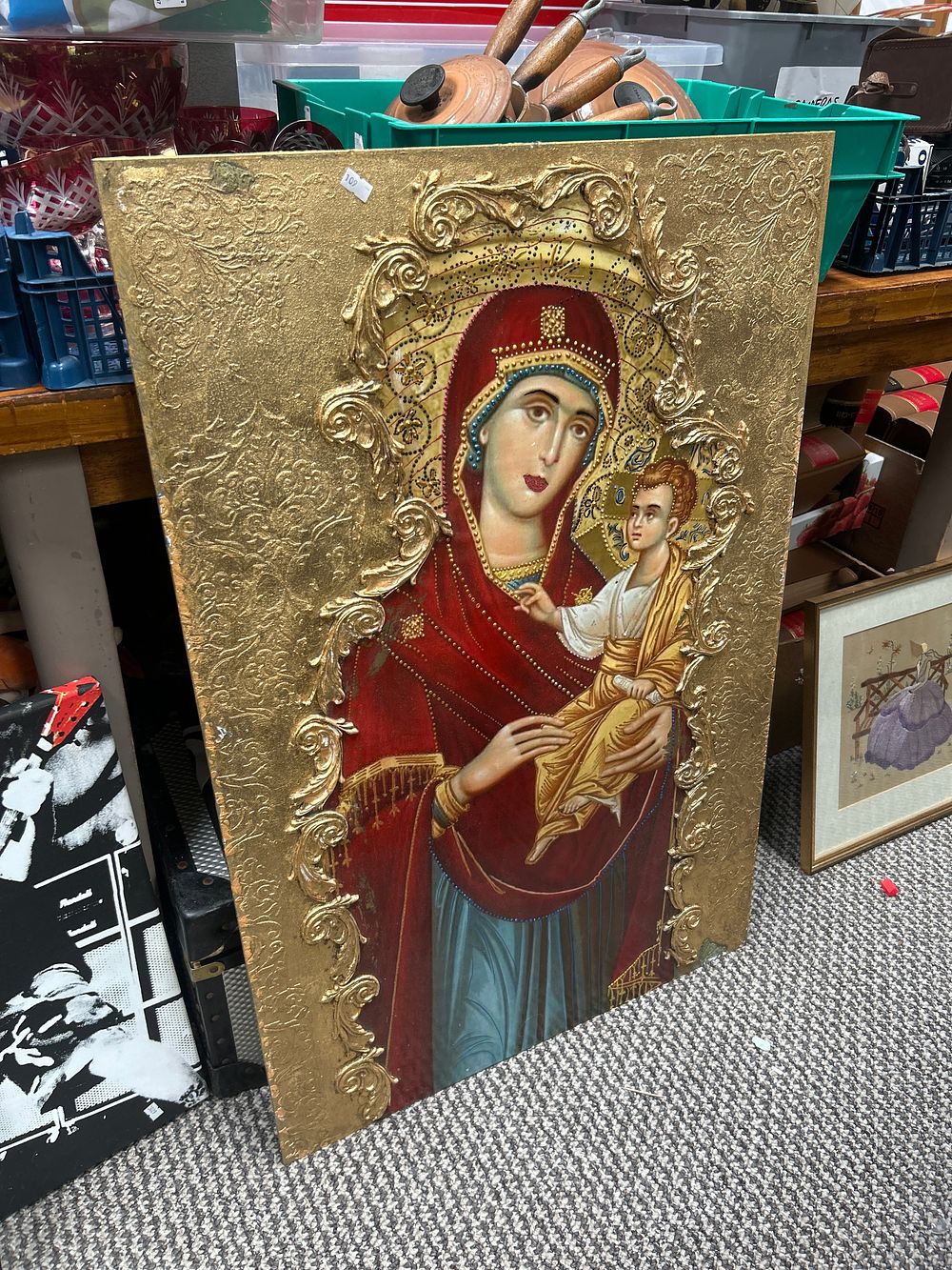 Lot 1032: Large Contemporary Russian? Orthodox Gilt Effect Relief Icon of the Theotokos Hodegetria, 36 x 24”