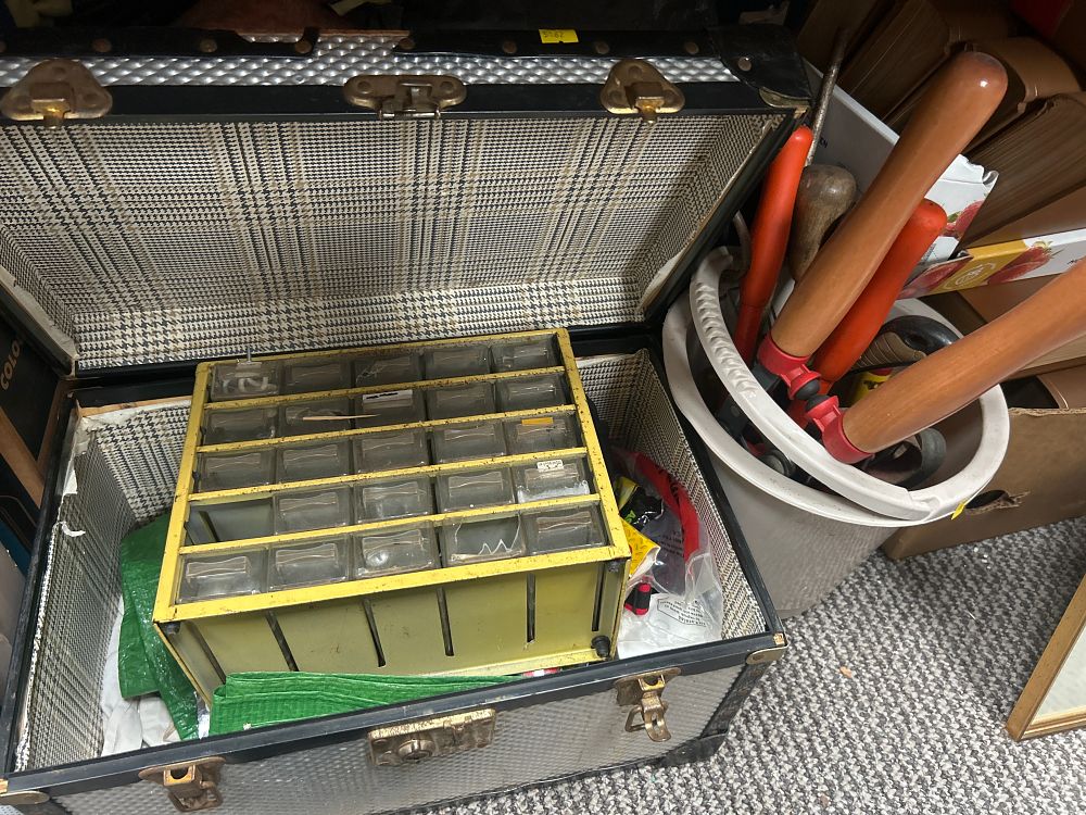 Lot 1033: A Vintage Metal Traveling Trunk Containing Tools And Hardware Storage Cabinet