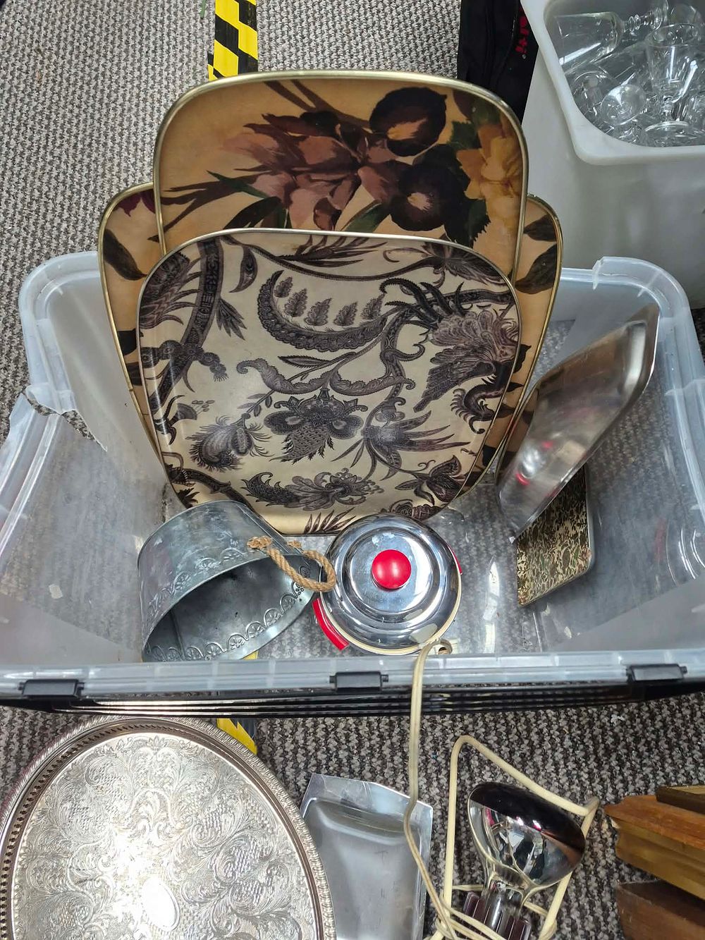 Lot 1035: Mid-Century Style? Composite and White Metal Household Trays and Wares