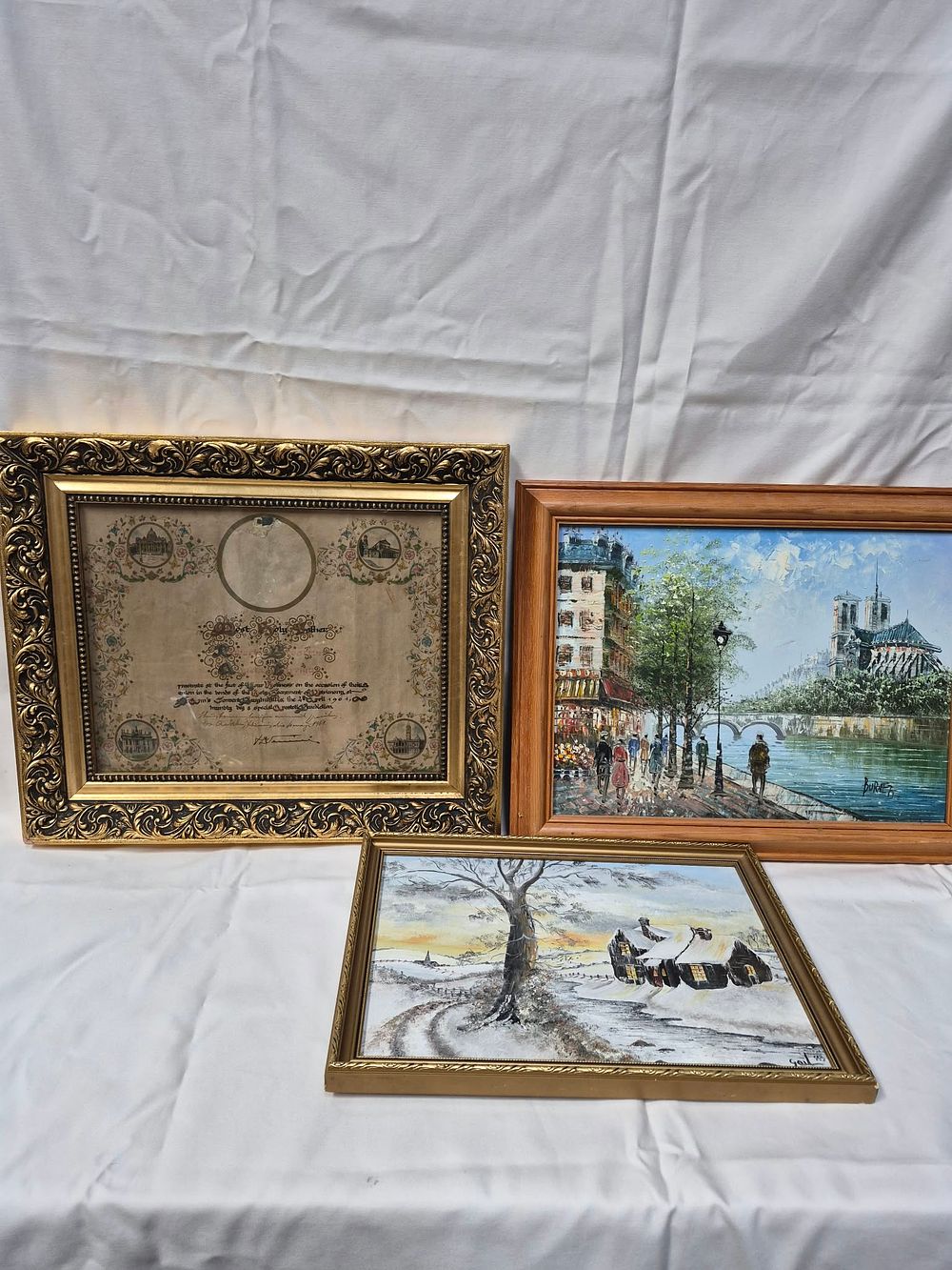 Lot 1036: Caroline Burnett? 'Parisian River Scene' Oil Painting and Two Other Works (Signed)