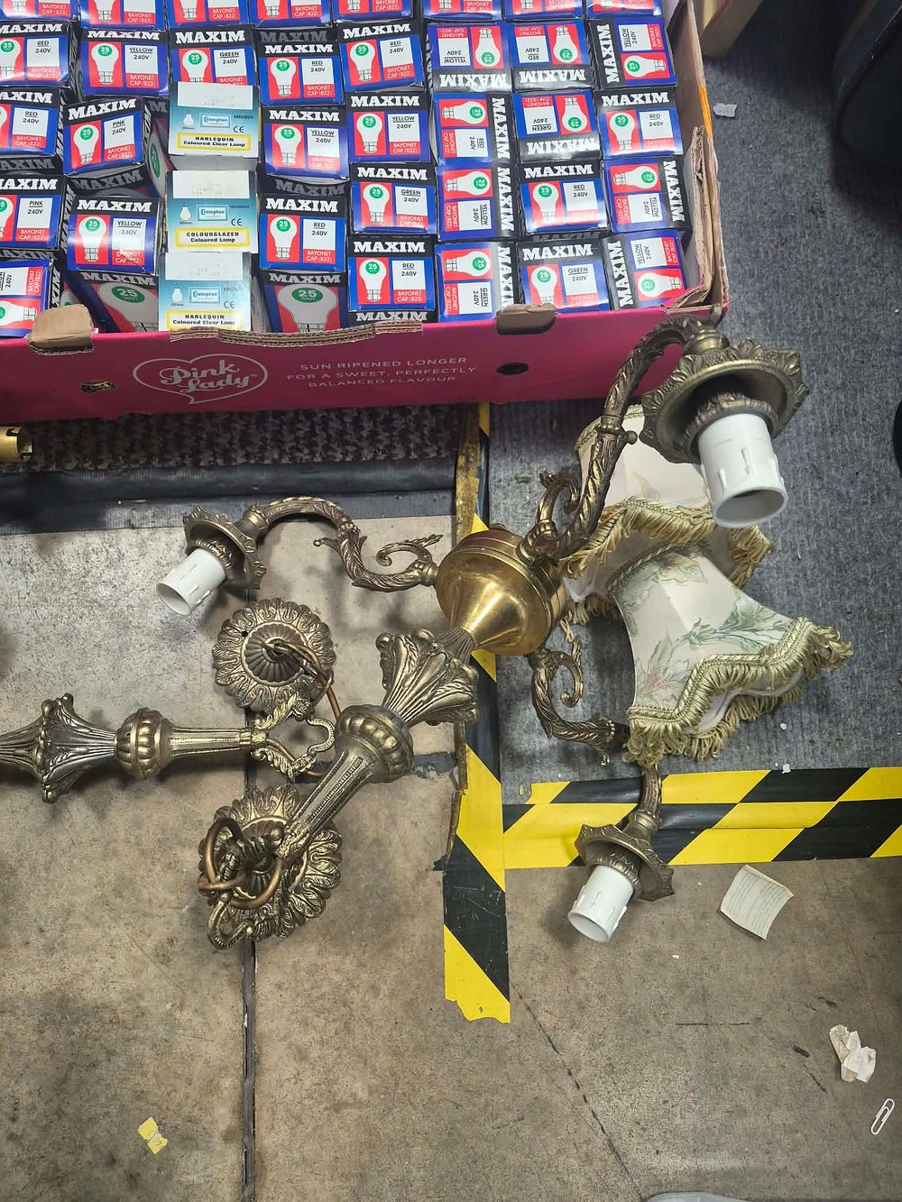 Lot 1037: Two Gilt-Metal Effect Rococo Style Chandeliers with Lampshades and Maxim Light Bulbs