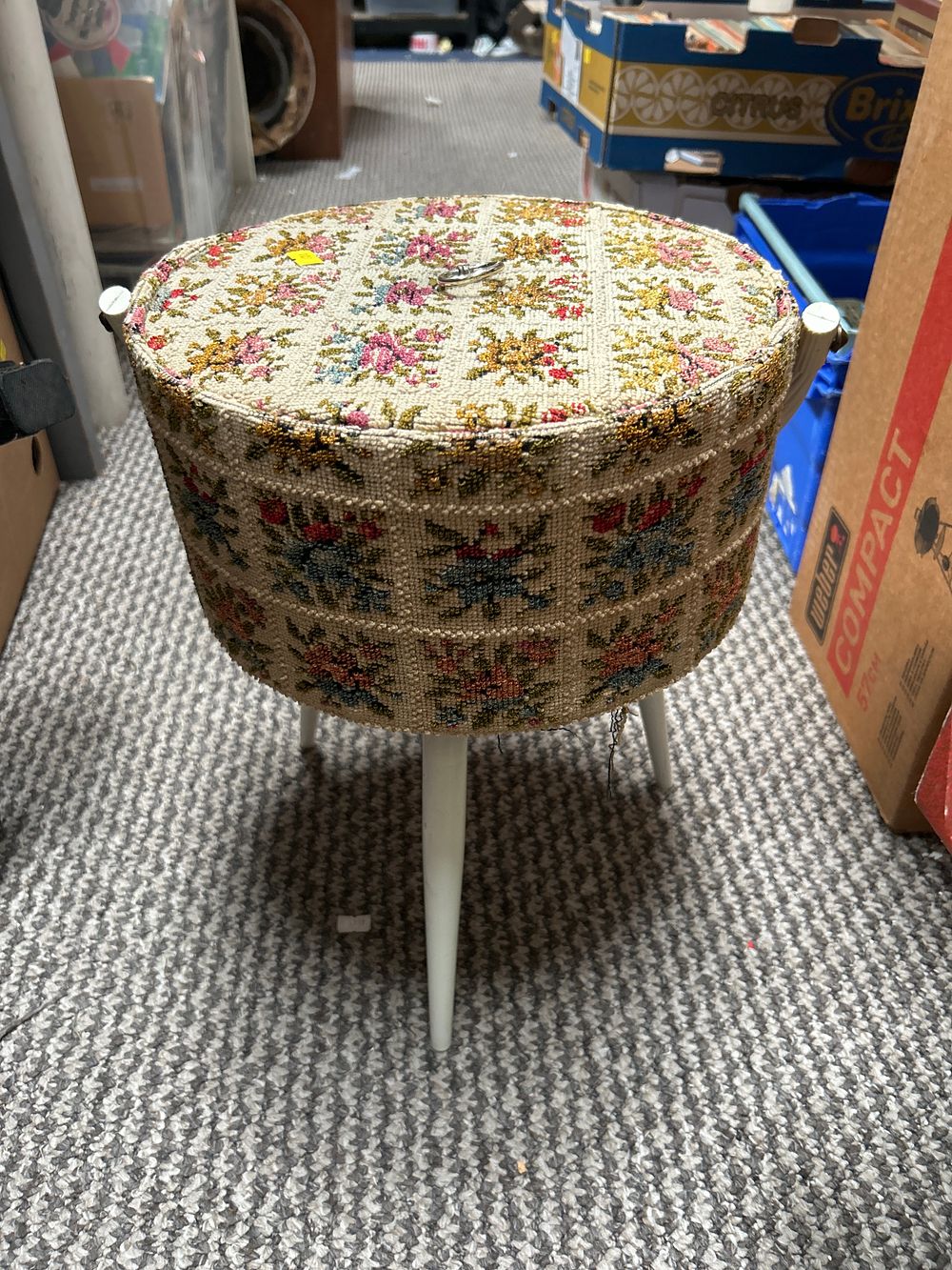Lot 1061: Mid-Century Modern Tapestry Upholstered Circular Sewing Stool?