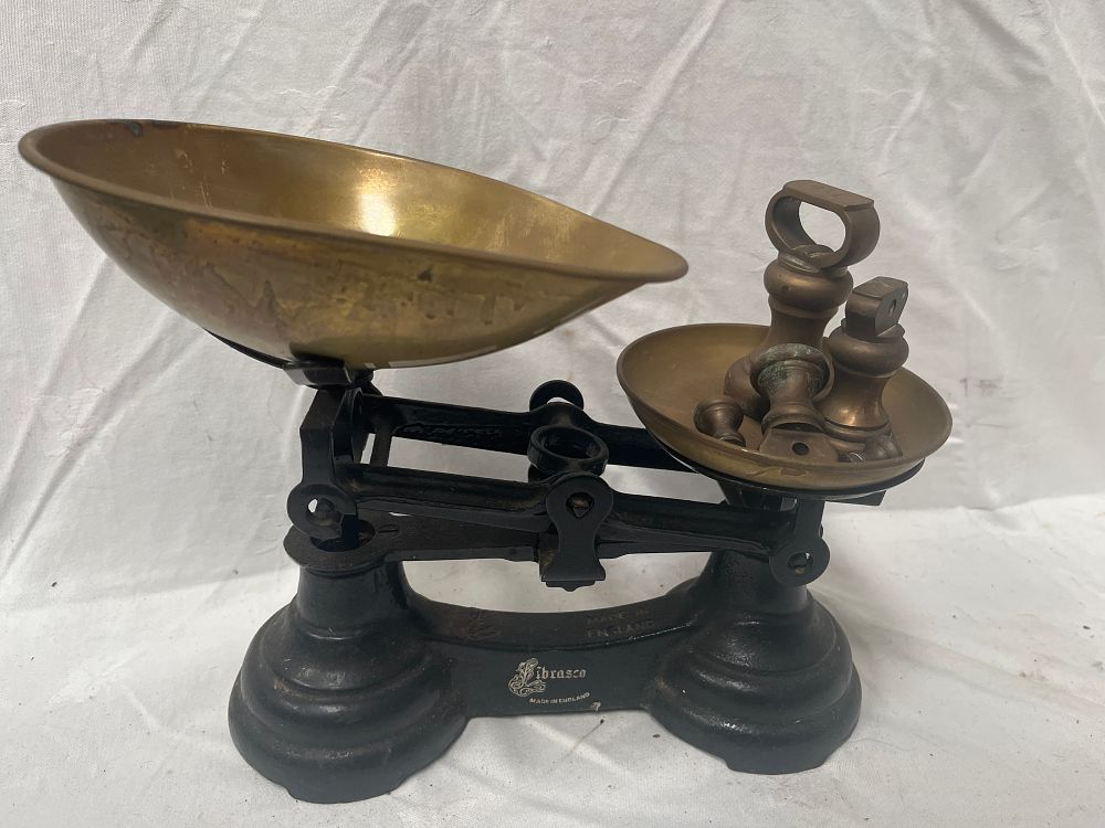 Lot 1066: Vintage Librasco? Cast Iron and Brass Balance Scales with Bell Weights