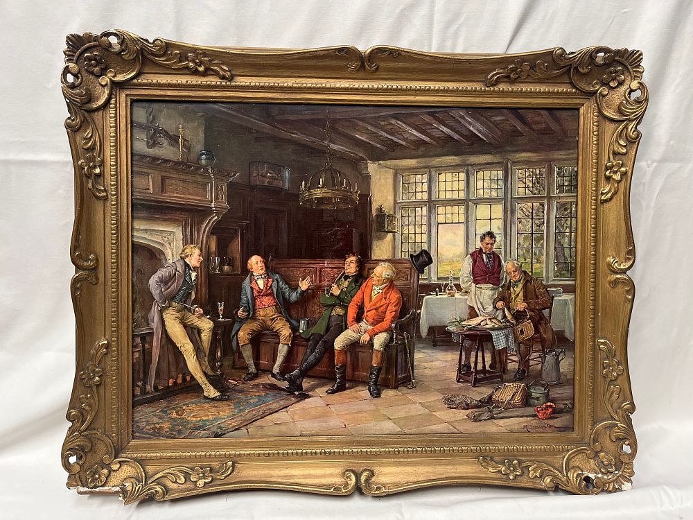 Lot 1075: Margaret Dovaston, Tall Story, Oil on Board, Gilt Metal Effect Frame, 29 x 24"