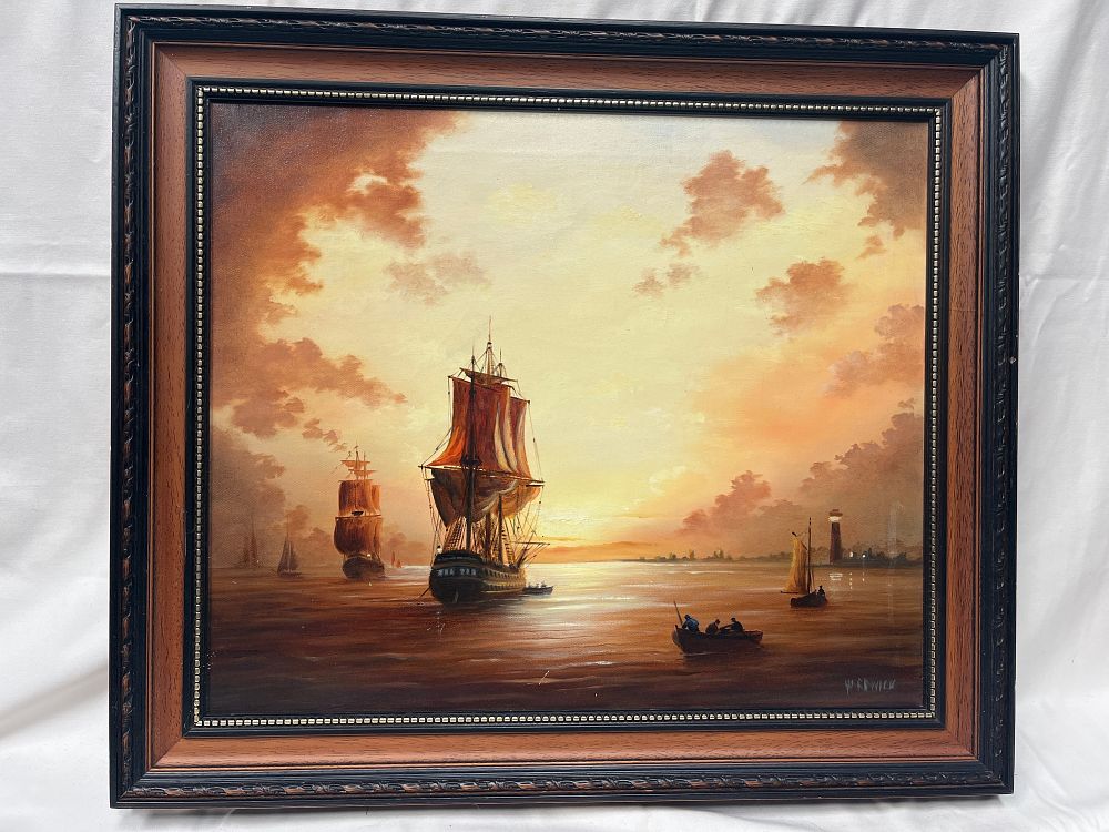 Lot 1076: Maritime Sunset Oil Painting by C. Hardwick?, 1986, 29 x 25"